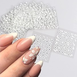 30 Sheets White Flower Nail Art Stickers, White Flower Nail Sticker with Rhinestones Designs 3D Self Adhesive Nail Stickers Nail Art Supplies White Flower Stickers for Nails Decorations