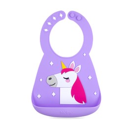 Nuby On The Go Silicone 3D Bib with Scoop to Catch Mess, Roll to Go, 6 M+, Unicorn