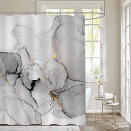 Gibelle Grey Marble Shower Curtain Set, Abstract Silver Gold Stripes Fabric, Modern Ink Art Decor Waterproof for Bathroom, 71x71