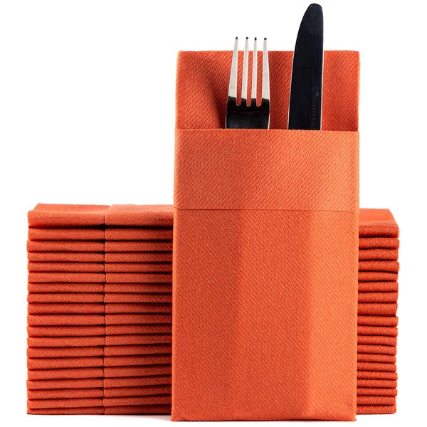 Terracotta Dinner Napkins Cloth Like with Built-in Flatware Pocket, Linen-Feel Absorbent Disposable Paper Hand Napkins for Kitchen, Bathroom, Parties, Weddings, Dinners or Events, 1/8 Fold, Pack of 50