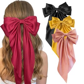Paquete de 4 Pinzas para Pelo con Moños, Lazos para el Pelo de Satén Grandes, Clips de Pelo Gigantes con Lazo Largo, Eestilo Francés, Ldeal para Fiestas o Diario (Borgoña & Negro & Amarillo & Rosa)