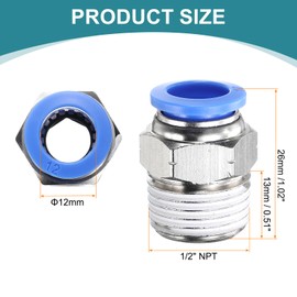 sourcing map 5pcs Push to Connect Fittings 12mm Tube OD x 1/2" NPT Thread Male Straight Union Fittings Brass Quick Connect Pneumatic Accessories for Trailers Air Brake System, Blue