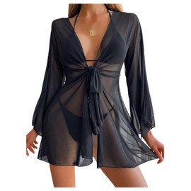 SHENHE Women's Kimono Swimsuit Coverups Long Sleeve Tie Front Sheer Beach Cardigan Cover Up Black X-Large