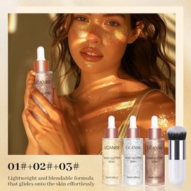 UCANBE 3 Pcs Face Body Glitter Iluminador Líquido Iluminador Gotas de Rocío Con Brocha de Maquillaje, Maquillaje Brillo Brillo Luminizador Potenciador Cuerpo Shimmer Tinte 50Ml/1.69Oz X 3(3Pcs, Estánd