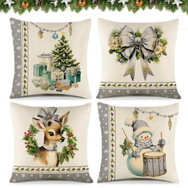 Gaeymy Cushion Cover 40 x 40 cm, Christmas Cushion Cover Set of 4, Christmas Cushion Cover Made of Linen, Grey Cushion Covers, Christmas Decoration Cushion for Sofa, Living Room, Bedroom