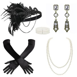 BABEYOND 1920s Flapper Accessories Costume Accessories Set 20s Flapper Headband Pearl Necklace Gloves Plastic Holder
