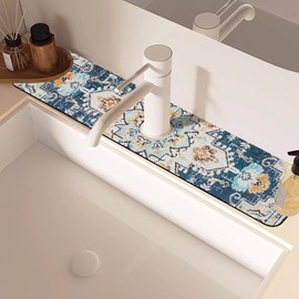 Oriental Blue Turkish Carpet Pattern Sink Faucet Absorbing Mat Sink Splash Guard Faucet Mat Draining Mat Fast Drying Sink Protectors for Kitchen and Bathroom 5.5"×24"
