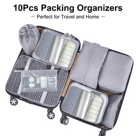 Suitcase Organiser Set, 10 Pieces Packing Cubes for Suitcase Travel Accessories Suitcase Organiser Set Clothes Bags Packing Cubes Cosmetic Travel Organiser Packing Bags for Suitcases (Grey)