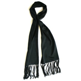 Royal Silk Long Black Fringed Satin Silk Scarf 14” x 75” – 100% Silk