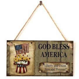 4th of July Independence Day Wooden Hanging Sign Patriotic Door Decorations Independence Day Welcome Sign Floral Hat Star Spangled Banner Wood Door Sign for Holiday Home Farmhouse Window
