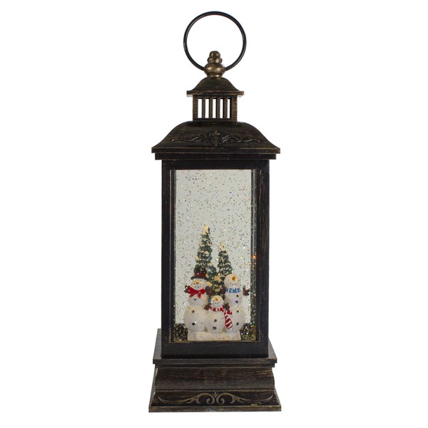 11" Black with Brushed Gold LED Snowman Family Christmas Lantern
