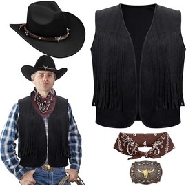 LYCN 4 Pcs Western Costume for Men, Cowboy Outfits with Tassel Vest, Hat, Belt Buckle, Paisley Bandana, Fancy Dress Accessory Set for Party Cosplay
