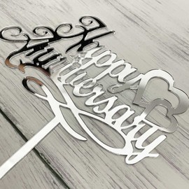 Decoración para tartas de feliz aniversario, aniversario de boda, aniversario de empresa, decoración de fiesta de cumpleaños, espejo acrílico plateado