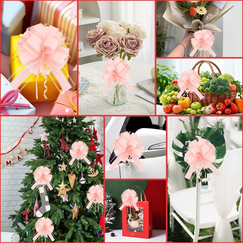 Large Pull Bows, 6 Inches Pink Christmas Bows, 8 PCS
