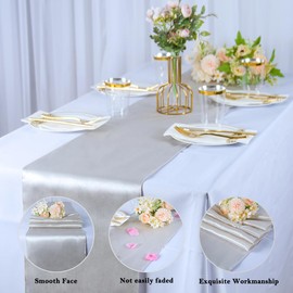 Silver Satin Table Runners 10 Pack Silver Table Runner 12 x 108 Inch Smooth Table Runners for Wedding Banquets Chair Sashes Decorations