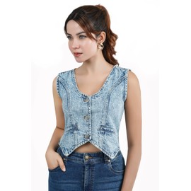 MelloShe Women’s Cropped Denim Vest – Sleeveless V Neck Jean Jacket Top, Button Down Fitted Waistcoat, Y2K Vintage Style (US, Alpha, X-Large, Regular, Regular, Blue Denim)
