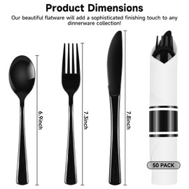 50 Pack Pre Rolled Disposable Utensils kit, Black Heavy Duty Cutlery Set Disposable Plastic Flatware, Includ Forks, Knives, Spoons and Napkin - for Parties, Weddings, Dinners & Other Events