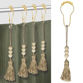 Yapicoco Shower Curtain Hooks Rings for Bathroom, 12PCS Bronze Stainless Steel Rust Resistant Shower Curtain Rings for Shower Curtains, Kitchen Utensils, etc. (Gold with Tassel)