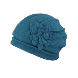 Dahlia Women's Winter Hat - Wool Cloche/Bucket Hat, Slouch, Flower, Teal
