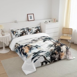 Castle Fairy Pine Tree Twin Size Comforter Set,Foggy Mountain Nature Botanical Quilt Set Soft Bed Collection,Black White Ink Art Bedding Comforter for Boys Girls Room Decor,2 Pcs