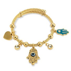 COLORFUL BLING Polished Stainless Steel Turkish Lucky Symbol Fatima Hands Bangle Crystal Zircon Evil Eye Wrap Braclet for Women Protection Jewelry-heart (two hand gold)