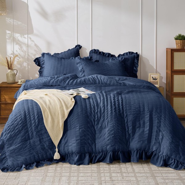JOLLYVOGUE Navy Blue Queen Comforter Set, 3 Pieces Seersucker Comforters