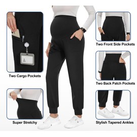 PACBREEZE Women's Maternity Scrubs with 6 Pockets, Workwear Maternity Jogger Scrubs Pregnancy Pants, S-XXL(Update Black, Medium)
