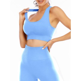 Workout Sets for Women 2 Piece High Waisted Seamless Leggings with Padded Stretchy Sports Bra Sets Yoga Outfit Jogging Gym Clothes(N007L-Blue)