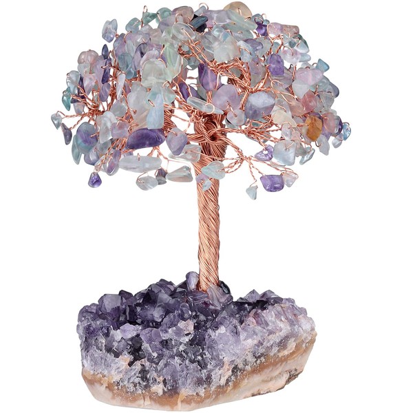 Nupuyai Natural Fluorite Crystal Tree with Amethyst Cluster Base Money Tree Figurines Lucky Fengshui Ornament Home Office Desk Decoration