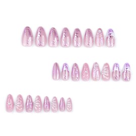 Rilafuvu Purple Press on Nails Almond Fake Nails 3D Wave Acrylic Nails Flower Nail Press ons French Glue on Nails pearl Artificial Nails Swirl Stick on Nails for Women 24Pcs