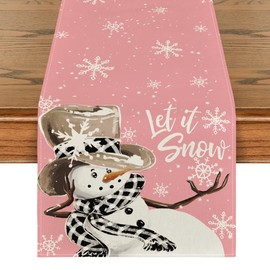 Artoid Mode Pink Snowman Snowflake Let it Snow Winter Table Runner, Seasonal Christmas Kitchen Dining Table Decoration for Home Party Decor 13x72 Inch