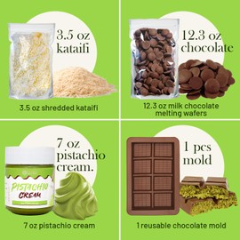Dubai Chocolate Bar DIY Kit – Includes Mold, 12.3 oz Melting Wafers, 3.5 oz Kataifi, 7 oz Pistachio Spread – Gift Kit for Chocolate Lovers and Mothers Day