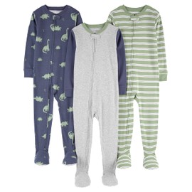 Simple Joys by Carter's Toddlers and Baby Boys' Snug-Fit Footed Cotton Pajamas, Pack of 3, Green Stripe/Grey Heather/Indigo Wash Dinosaur, 3T