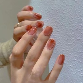 24pcs Amber Nail Tips Stain Gold Thread Fake Nails for Wedding, Party, Holiday, Dating, Prom, Daily Life