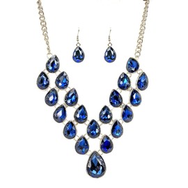 Unbranded Large Sapphire Blue Crystal Statement Necklace and Earring Set V Shape  NEW