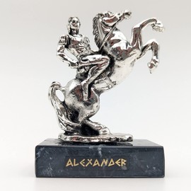 Helcee Handmade Silver Patina Alexander The Great Statue on Black Mable Base 5 in