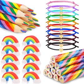 Dncvb Rainbow Pencil Set, Jumbo Rainbow Colouring Pencils, 10 Colouring Pencils, Children, 10 Rainbow Erasers, 10 Heart Friendship Bracelets, Coloured Pencils Rainbow for Art Drawing, Gift for