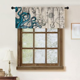 Vintage Nautical Valance Curtain,Retro Green Octopus Mermaid Coastal Map Rural Valance Treatment Drapes for Bedrooms Living Rooms Kitchens Bathroom Window Decor 1 Piece,54x18 Inch