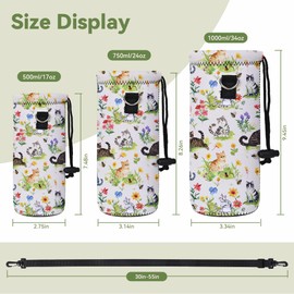 AORTDES Neoprene Water Bottle Carrier Bag with Adjustable Shoulder Strap for Men Women Walking Hiking,Portable Insulated Holder Case for Stainless Steel/Glass/Plastic Bottles (Garden Cat, 1000ML)