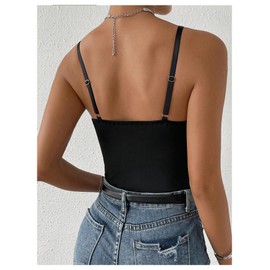 SweatyRocks Women's Corset Bodysuit Mesh Sheer Sleeveless Cami Jumpsuit Shirts Tops Black Large