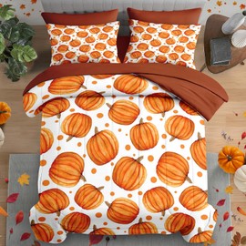 Pamnest Comforter Set Queen Size, Fall Cute Cartoon Pumpkin 7 Pcs Bedding Set for Kids and Adults, Autumn Harvest Bed Sheet Sets with Fitted Sheet 2 Pillowcase & 2 Sham for Bedroom Bed Decor