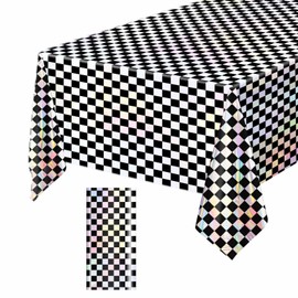 FALIZIFU 1 Pack Black and Iridescent Checkered Tablecloth Shiny Disposable Holographic Foil Table Cloth Plastic Laser Rectangle Table Cover for Picnic Birthday Party Race Car Tablecloth