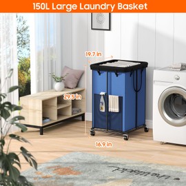 150L Laundry Hamper with Wheels, Rolling Laundry Basket with Metal Frame and Removable Bag, Large & Tall Dirty Clothes Hampers for Bedroom Aesthetic, Laundry Room, Bathroom, Dorm-Blue