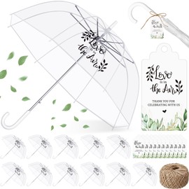 Aliceset 12 Sets Wedding Umbrella with Tags Clear Umbrellas Bulk and Twine Love Is in the Air Large Bubble Transparent Umbrella Rain Windproof J Hook Handle Auto Open Stick Umbrella for Bridal Shower