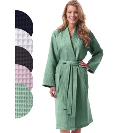 Morgenstern Paula Women's Lightweight Bathrobe 100% Cotton Waffle, Reed Green