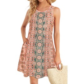 Sundress for Women Floral Bohemian Dress Sleeveless Loose Aline Beach Cover Up(Pink Boho Flower,L)