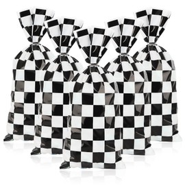 Mikzhskr 30Pcs Race Car Party Favors Bag Black and White Checkered Racing Treat Candy Bag Goodie Bag Soccer Theme Cellophane Bags with 30Pcs Silver Twist Ties for Cars Birthday Party Supplies