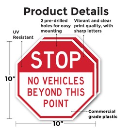 Stop No Vehicles Beyond This Point (2 Pack) 10 inch X 10 inch Octagon Plastic Sign Weather Resistant, UV Protected for Workplace, Private Property, and Construction Site, Made in the USA