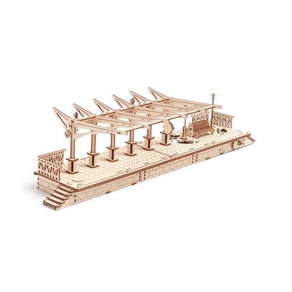 Railway Platform by Ugears: Self Propelled Modular Mechanical Model, 3D Wooden Puzzle for Self Assembly Without Glue, Brainteaser for Kids, Teens and Adults