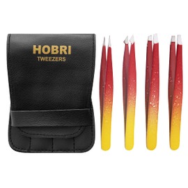 Tweezers Set, Eyebrows Tweezers Set Professional Stainless Steel Tweezers Set - 4 Pieces with Leatherette Travel Case Perfect for Facial Hair, Beauty and Personal Care Tool (Red/Yellow)